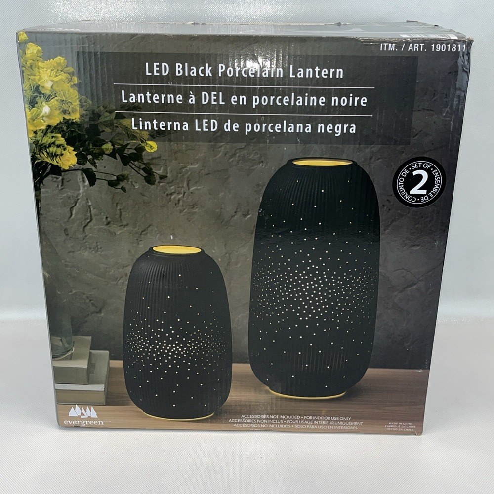 Evergreen LED Porcelain Lantern Set of 2 – Decorative Indoor/Outdoor